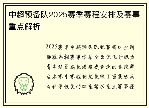 中超预备队2025赛季赛程安排及赛事重点解析